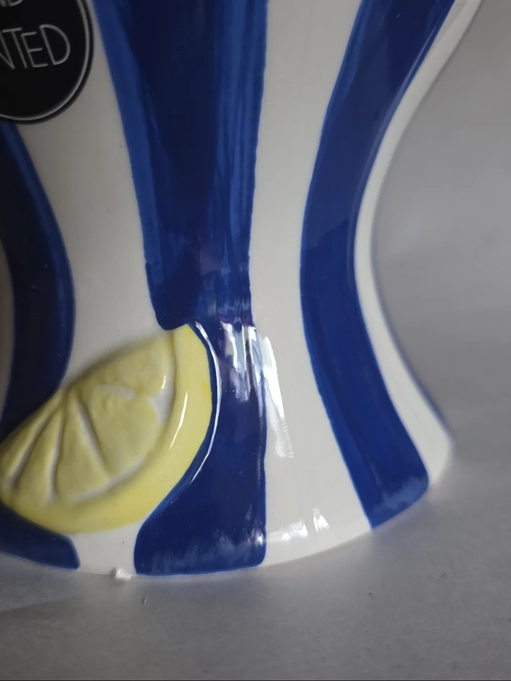 Hand-Painted Blue & White Striped Lemon Ceramic Vase